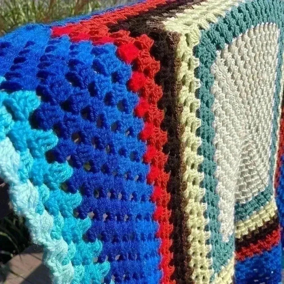Homemade crocheted tablecloth. Beautiful colors. Approximately 42” x 45”. - Picture 5 of 7